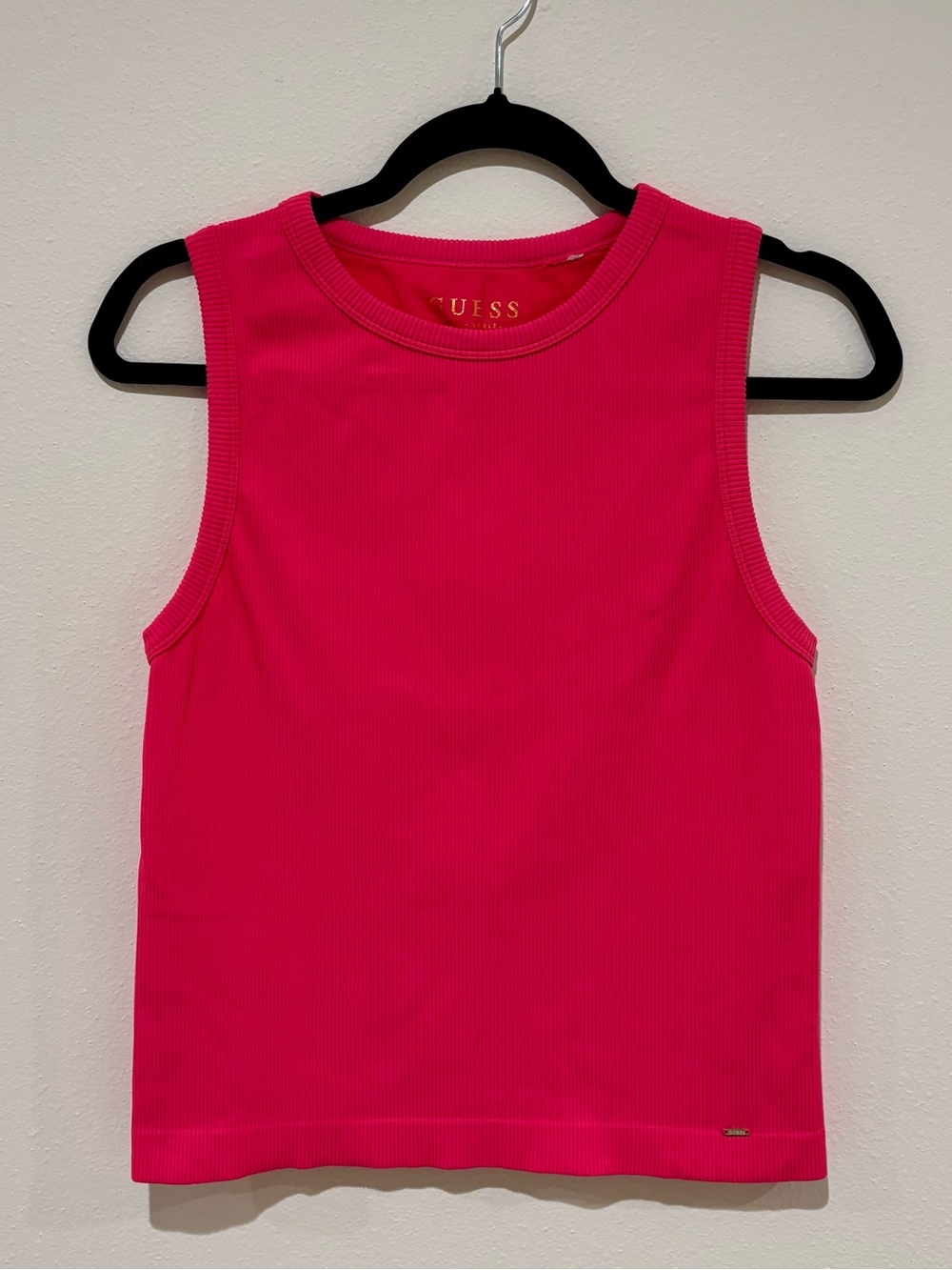 Guess Ribbed Crewneck Tank - Neon Pink with Gold Logo